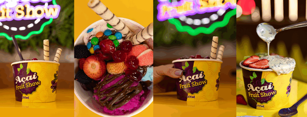 Copos de açaí com coberturas da Açaí Fruit Show